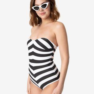 Barbie x Unique Vintage Black & White Chevron Stripe One Piece Bathing Suit